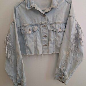 Cropped Denim Rhinestone Fringe Jacket | Y2K Festival Western Glam